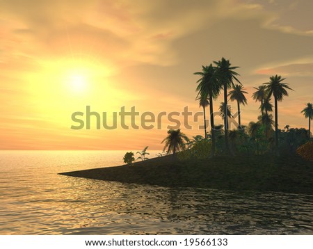 Golden yellow tropical island sunset with ocean and palm trees is 3d render.