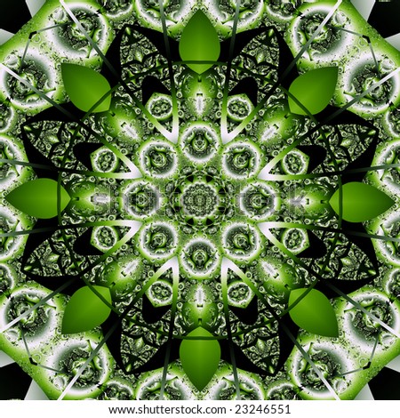 Circular fractal design in a green Irish color theme suggest a floral design or stained glass.