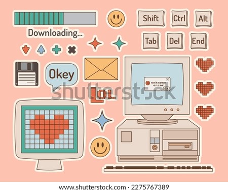 Set of retro electronic devices. PC, keyboard, monitor, floppy disk, envelope, buttons. Back to 90s. Nostalgia for 1990s element. Retro style.