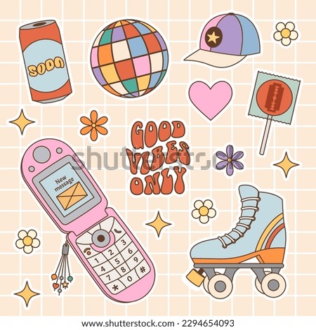 Set of retro objects. Flip phone, disco ball, roller skates, lollipop, soda, drink, soda, baseball cap, razor blade. Back to 90s. Nostalgia for 1990s element. Retro style.