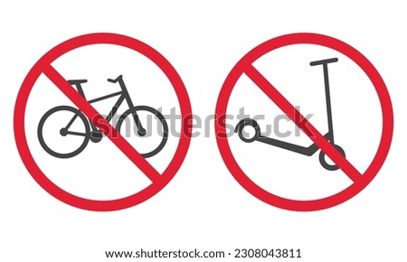 No bike, no scooter permission poster. Forbidden pictogram. Red stop circle symbol. No allowed sign. Prohibited zone. Vector illustration isolated on white background