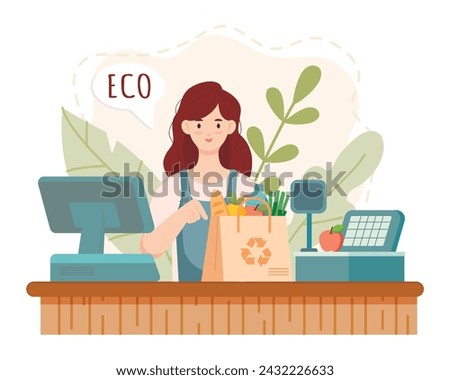 Eco green store cashier. Woman giving eco friendly bag. Isolated on white background