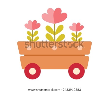 Cute simple spring flowers in a garden cart isolated on white background. Flat style vector illustration