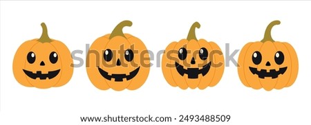 Jack-o-lantern. Pumkins with faces set for Halloween design isolated on white background. Happy Halloween holiday banner for web, postcards, flyers, etc. Flat style vector illustration