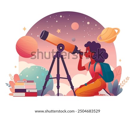 Woman looks through telescope. Sky, planets, stars. Visitor to astronomy museum. Cute flat style