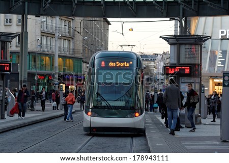 STRASBOURG, FRANCE - FEB 17 2014: Kleber Strasbourg tram stop in the square is serving thousands of passengers every day