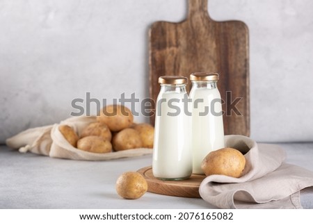 Vegan plant based milk in two bottles. Alternative potato milk and potato tubers on gray table