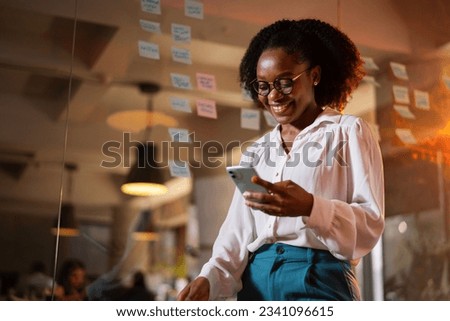 Similar – Image, Stock Photo Happy African American female taking selfie near sea