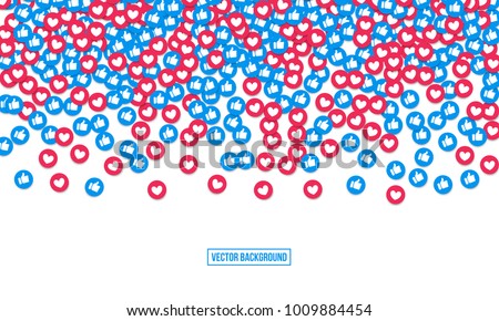 Like and heart icons for live stream video chat likes falling background vector design template. Social nets blue thumb up like and red heart floating web buttons isolated on white background
