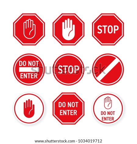 Stop road sign with hand gesture. Vector red do not enter traffic sign. Caution ban symbol direction sign. Warning stop sign for traffic information message isolated on transparent background