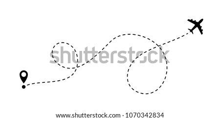 Airplane line path vector icon of start point and dash line trace for air trip or travel