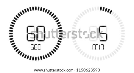 Stopwatch digital countdown timer with minutes and seconds vector display. Isolated black on white background