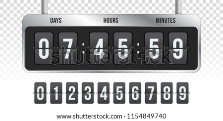 Flip countdown clock counter. Vector hours, minutes and seconds flip numbers on board display on transparent background fro coming soon