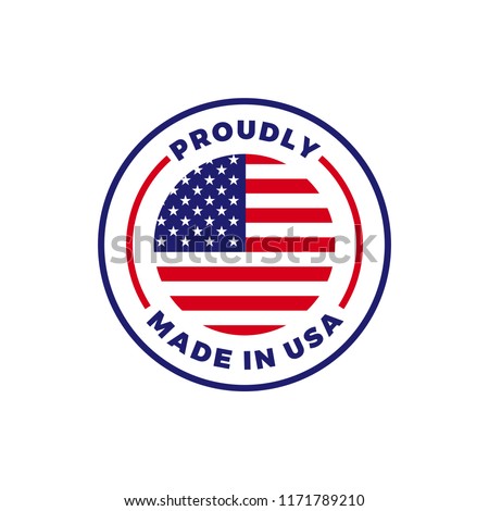 Made in USA label icon with American flag seal. Vector quality logo badge for US made certified premium package design