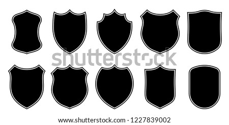 Badge patch shield shape vector heraldic icons. Football or soccer club or military police clothing badge patch blank black templates isolated set