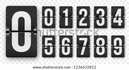 Countdown numbers flip counter vector isolated set. Retro style flip clock or scoreboard mechanical numbers 1 to 0 set white on black