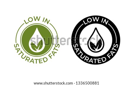 Low in saturated fats vector icon. Food package seal, free or contain no saturated fats, leaf and oil drop label