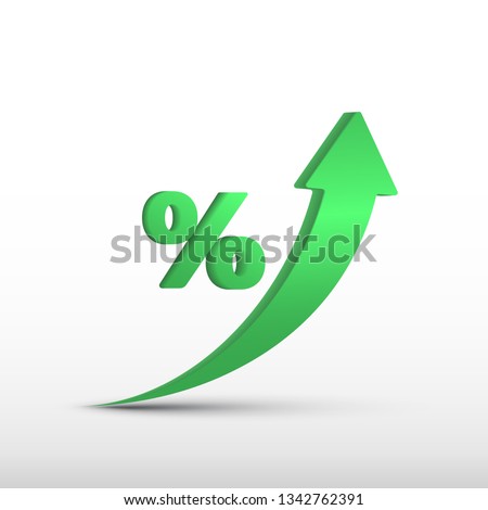 GDP high growth, green arrow up and percent icon. Vector GDP increase, business profit symbol