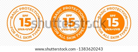 SPF 15 sun protection UVA and UVB vector icons. SPF 15 basic UV protection skin lotion and cream package label