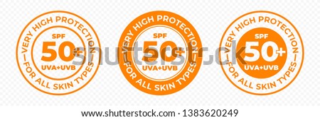 SPF 50 sun protection, UVA and UVB vector icons. SPF 50 PLUS high sunblock, skin UV protection lotion and cream package label