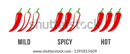 Spicy chili pepper level labels. Vector spicy food mild and extra hot sauce, chili pepper red outline icons