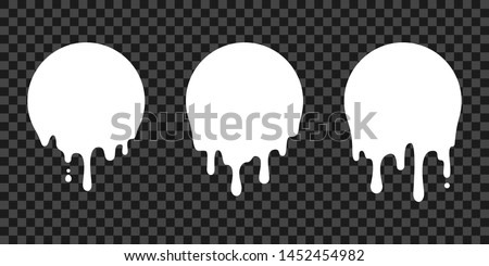 Paint drip stickers, circle white melt drop vector icons. Vector milk circle melt drops, graffiti paint drip blobs