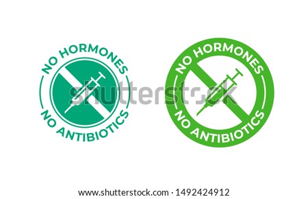 No antibiotics food label stamp, hormones free farm grown chicken and beef or pork meat vector logo. Natural healthy antibiotics free products certificate seal