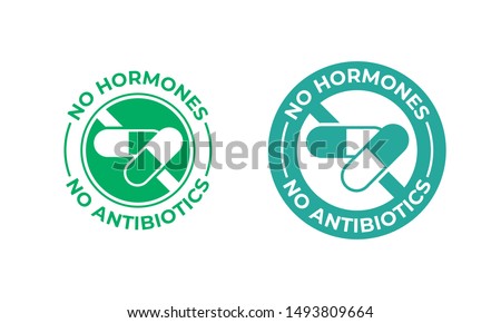 No antibiotics and hormones free farm grown food label vector health certificate stamp. Natural chicken and beef or pork meat, antibiotics free products seal