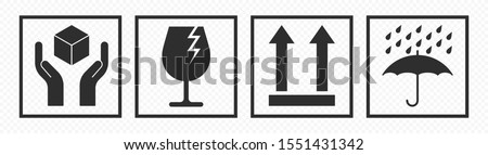 Fragile package icons set, handle with care logistics and delivery shipping labels. Fragile package hands and box, umbrella keep dry and glass, this side up box warning vector signs