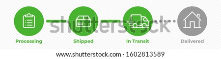 Order delivery status, post parcel package tracking vector icons. Order parcel processing bar, ship, in transit and delivery signs for express courier delivery app and web flat simple icons