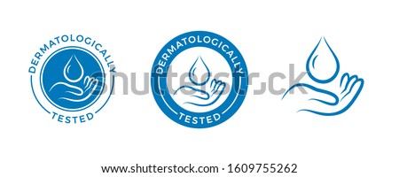 Dermatologically tested vector label with water drop, leaf and hand logo. Dermatology test and dermatologist clinically proven icon for allergy free and healthy safe product package tag