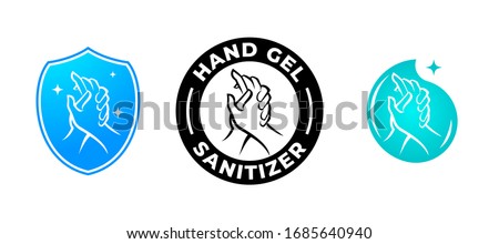 Hand gel sanitizer vector label with water drop, shield and hand logo.  Hand sanitizer icon for healthy safe product package tag