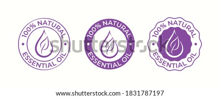 Essential oil drop and leaf icon for beauty and skincare natural product certificate tag. 100 percent essential oils sticker logo for body lotion, cream and shampoo moisturizer, spa wellness fragrance