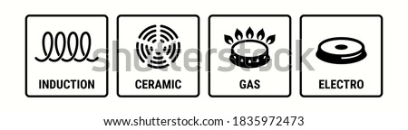 Induction icon, electric hob and gas cooking stove or ceramic oven grate cooker, vector symbol. Induction, electro, gas and ceramic icons, cookware pans surface suitable use logo signs
