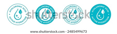 Hyaluronic acid icon seal or collagen emblem vector symbols. Hyaluronic acid icon of hydrate or hydration water drop for cosmetics