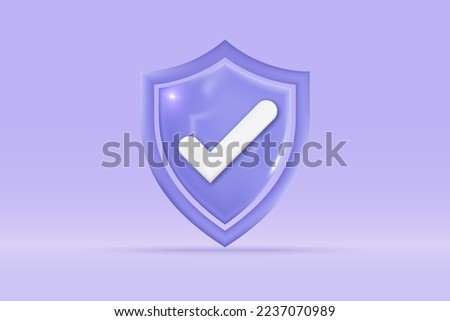 3d check mark success icon Isolated on light blue background. Realistic shield sign tick, checkbox, accept, agree 3d vector rendering illustration.