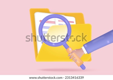 3d concept of file management. Searching magnifying document database, time management, todo list concept. 3d vector render with purple background