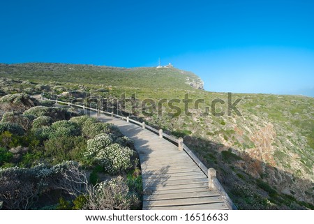 Pathway leading to the lighthouse at Cape Point Nature reserve found in Cape Town, South Africa.