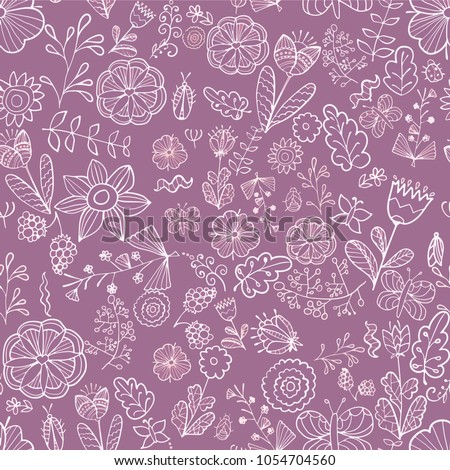 Flowering linear flowers on a bright background. A simple linear pattern with flowers and insects. Vector image. Teva of spring and summer. The maiden print. Pattern for printing.