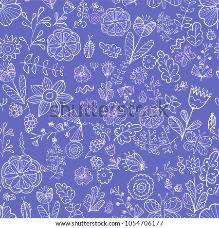Flowering linear flowers on a bright background. A simple linear pattern with flowers and insects. Vector image. Teva of spring and summer. The maiden print. Pattern for printing.