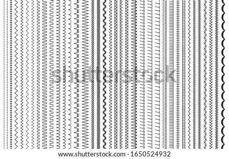 Sewing stitches. Vector. Embroidery and sew seamless pattern. Set of machine thread seam brushes. Overlock zigzag elements. Line border isolated on white background. Simple illustration.