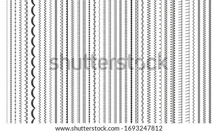 Sewing stitches. Embroidery seams seamless pattern. Vector. Set of machine thread sew brushes. Overlock fabric elements. Line border isolated on white background. Simple graphic illustration.