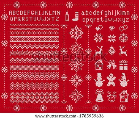 Knit font and xmas elements . Vector. Christmas seamless borders. Sweater pattern. Fairisle ornament with type, snowflake, deer, bell, tree, snowman, gift box. Knitted print. Red textured illustration