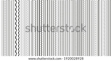 Embroidery stitches. Sewing seams. Vector. Set of machine thread sew brushes. Overlock fabric elements. Seamless pattern. Outline border isolated on white background. Simple graphic illustration.