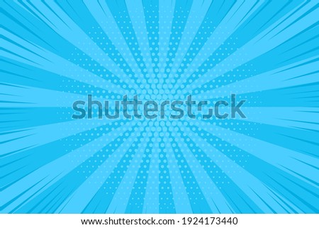 Pop art halftone background. Comic starburst pattern. Cartoon retro sunburst effect. Blue banner with dots and rays. Vintage duotone texture. Vector illustration. Superhero wow banner. Foto stock © 