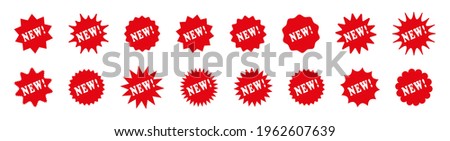 New arrival price stickers.  Vector. Discount Starburst promo stamps. Circle, round tag product labels. Red splash badges. Set starburst shapes isolated on white background. Flat illustration.
