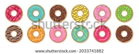 Donuts with glaze. Sweet doughnuts. Set glossy icing desserts isolated on white background. Top view of birthday pastry. Chocolate confectionery. Flat design. Vector illustration.