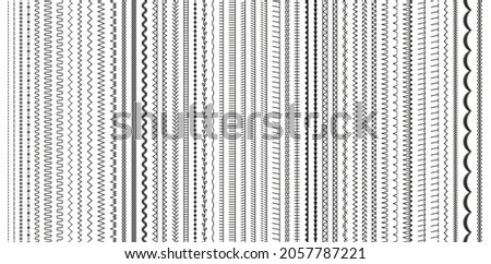Embroidery stitches. Sewing seams. Set of machine thread sew brushes. Overlock fabric elements. Outline border isolated on white background. Seamless pattern. Simple design. Vector illustration.