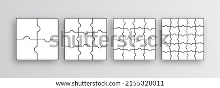 Puzzle grid set. Jigsaw outline templates. Simple mosaic layout with separate shapes. Set of thinking games. Modern puzzle background. Collection laser cut frames. Vector illustration.