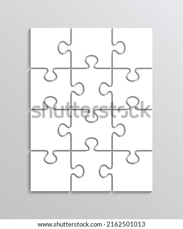 Puzzle with 12 pieces. Portrait orientation. Jigsaw outline grid 4x3 elements. Modern puzzle background. Thinking game with separate shapes. Simple mosaic layout. Laser cut frame. Vector illustration.